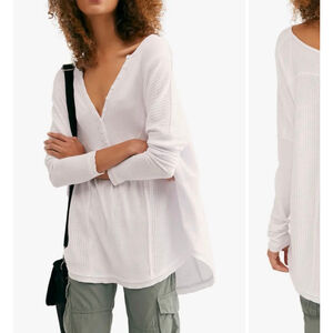 Women's Free People Leo White Long Sleeve Waffle Knit Henley Top L
